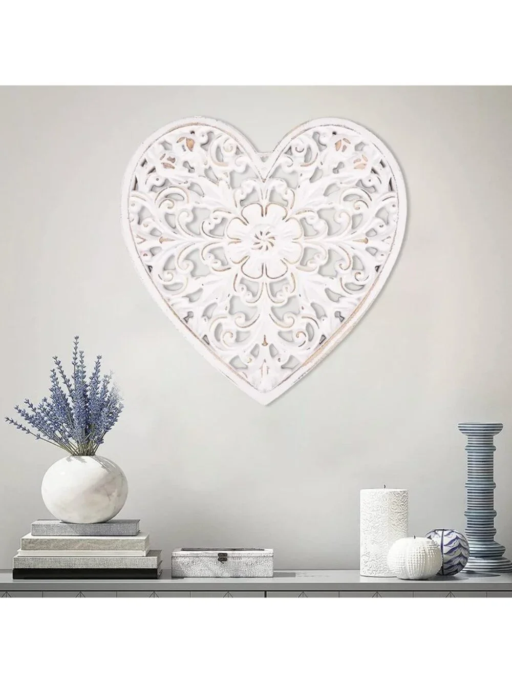 Rustic Floral Carved Wall Art Panel - Heart Shape Hanging Decor for Home